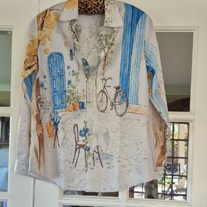 Brand New Scenic Bicycle Print Button-Up Shirt in Blue & Cream